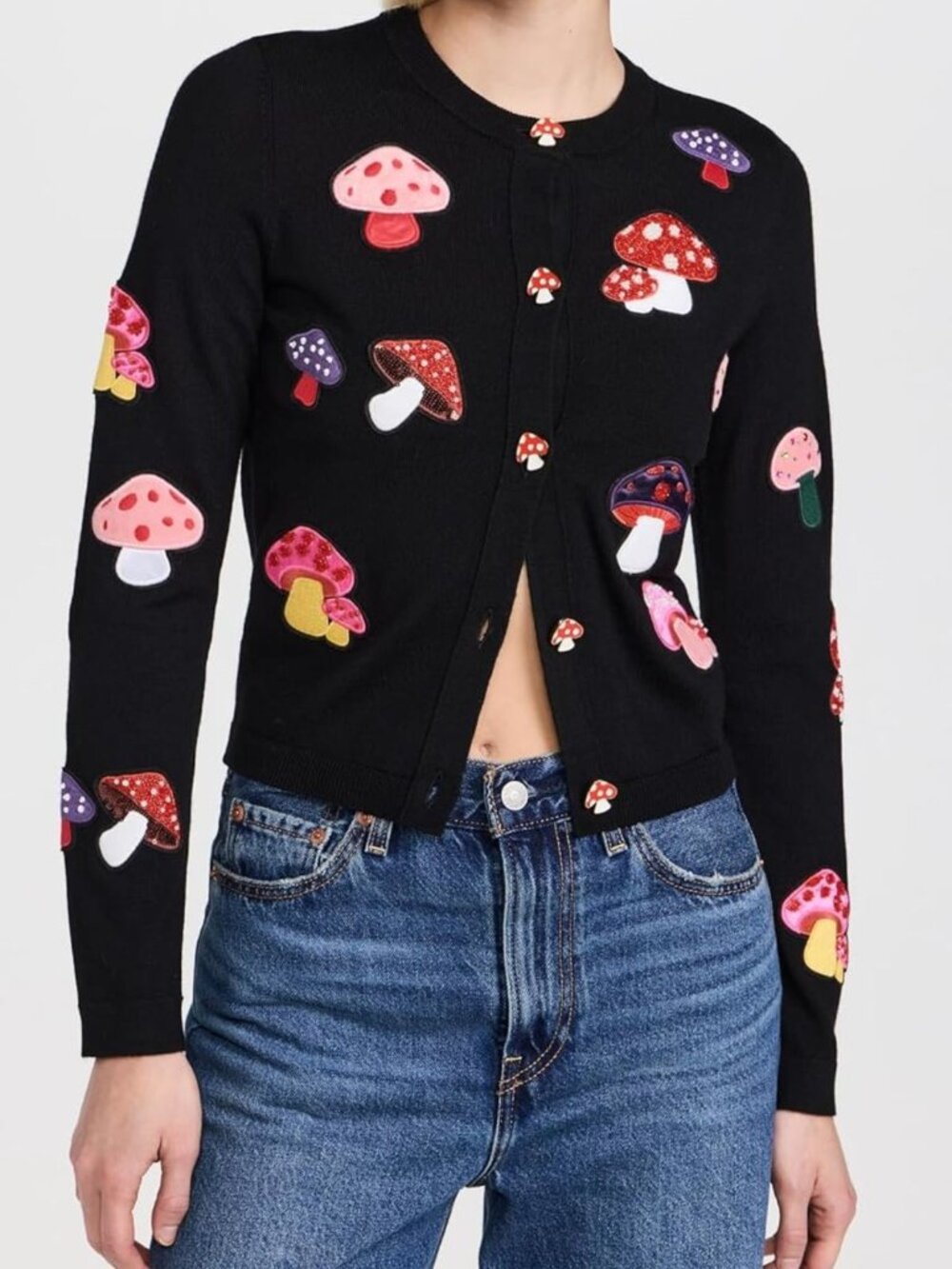 Alice Olivia Ruthy Embellished Cardigan Sweater Black Mushroom Beaded Size S